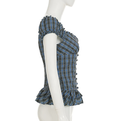 Camisa Cuadriculada Retro Francesa con Cuello Cuadrado Antiedad para Mujer - Image 22