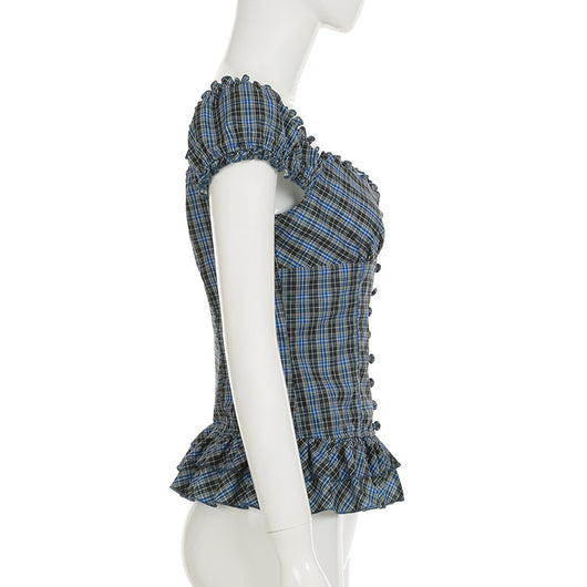 Camisa Cuadriculada Retro Francesa con Cuello Cuadrado Antiedad para Mujer - Image 22