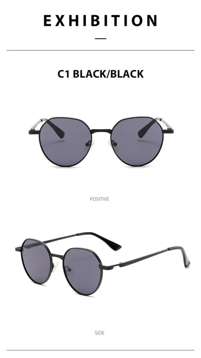 Round metal sunglasses with silver frames and dark gray lenses, featuring black temple tips, on a white background. - Image 16