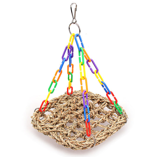 Colorful bird swing with a woven grass net and multi-colored plastic chains, designed for parrots and other birds. - Image 13