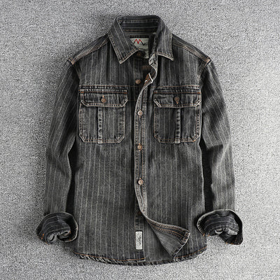 Camisa Denim Retro Británica a Rayas Negras y Grises para Hombre - Image 22