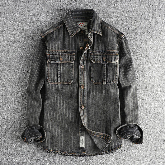 Camisa Denim Retro Británica a Rayas Negras y Grises para Hombre - Image 22