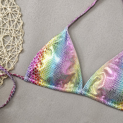 Gradient snakeskin print bikini with iridescent colors, triangle top, and tie-side bottoms. - Image 13