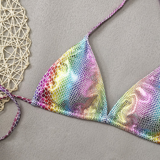 Gradient snakeskin print bikini with iridescent colors, triangle top, and tie-side bottoms. - Image 13