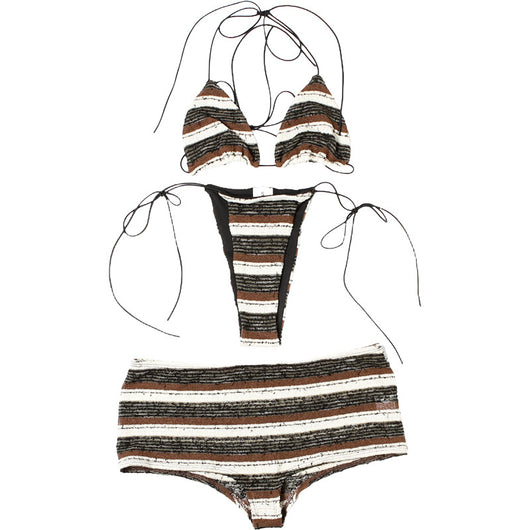 Women's fashion sexy halter lace-up striped bikini three-piece suit with brown, black, and white stripes. - Image 22