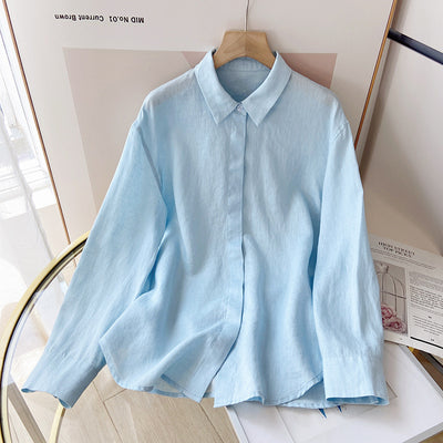 Camisa de Lino Azul Suelta - Comodidad Natural - Image 27