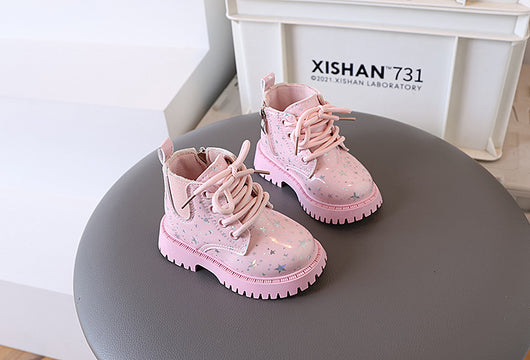 White toddler girls' boots with a holographic star pattern, lace-up front, and side zipper closure. - Image 31