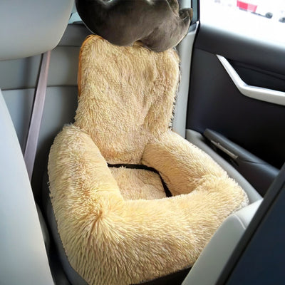 Dark gray plush pet bed with a high back and safety leash, designed for indoor use or as a car seat pad. - Image 15