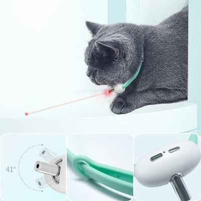 Smart USB charging laser cat collar in white and teal, with a USB cable, shown with a cat playing with the laser. - Image 7