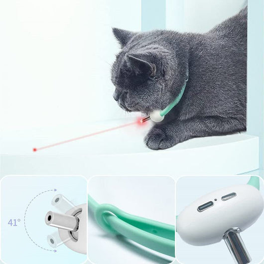 Smart USB charging laser cat collar in white and teal, with a USB cable, shown with a cat playing with the laser. - Image 7