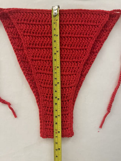 Handmade crocheted bikini with watermelon slice top in red, green, and white, and solid red tie-side bottoms. - Image 13