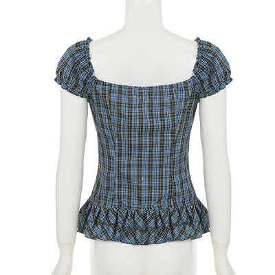 Camisa Cuadriculada Retro Francesa con Cuello Cuadrado Antiedad para Mujer - Image 24