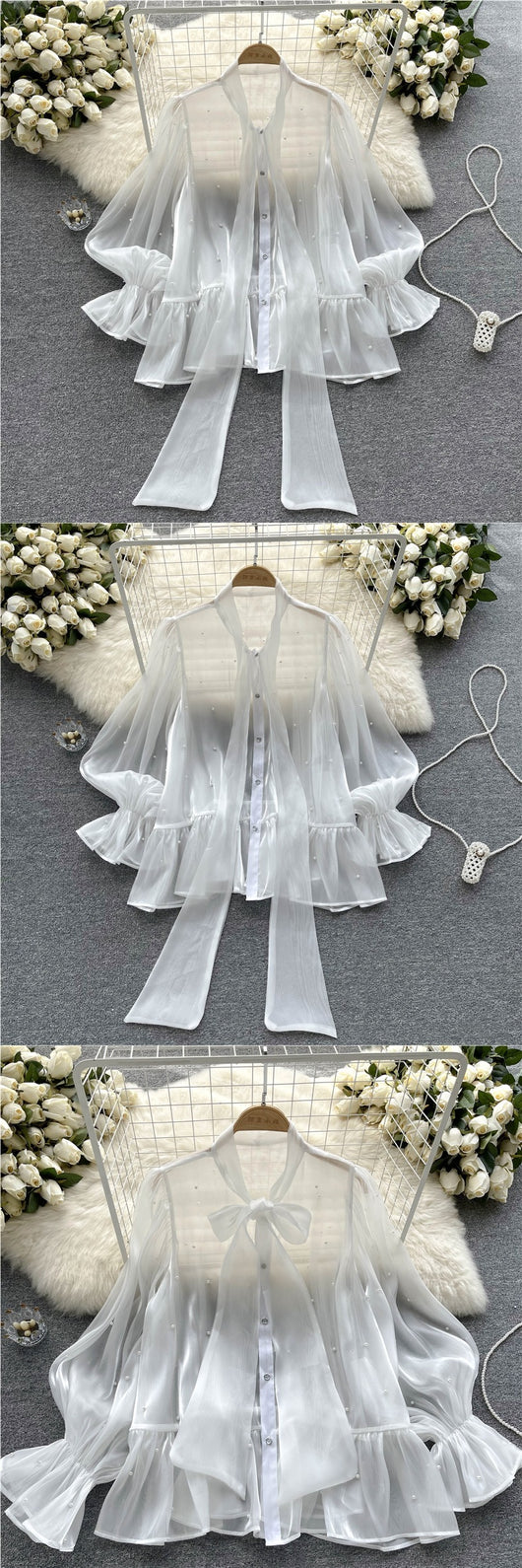 Blusa Elegante con Mangas Acampanadas y Detalle de Moño en Perlas - Image 9