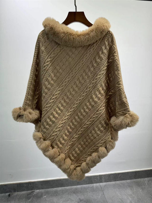 Poncho Tipo Capa de Punto Grueso con Cuello de Pelaje - Image 36