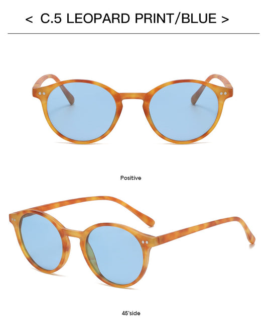 Round black full-rim sunglasses with vibrant blue polarized lenses, ideal for sun protection and fashion. - Image 31