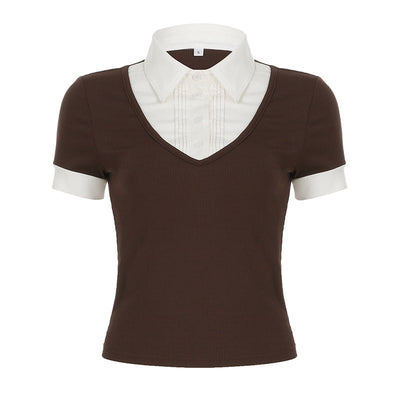 Playera Polo Retro Americana con Costuras Superpuestas para Mujer - Image 10