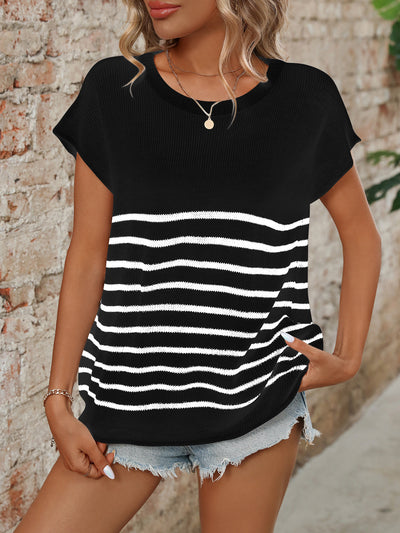 Blusa Casual de Cuello Redondo con Rayas y Manga Corta - Image 37
