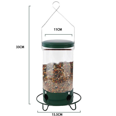 Green and clear tube hanging bird feeder with a metal wire hanger, designed for attracting hummingbirds. - Image 13