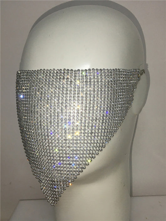 Gold rhinestone mask made of metal mesh, covering the face from the eyes to below the chin, displayed on a white mannequin head. - Image 29