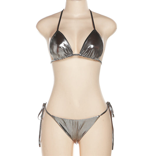 Purple reflective two-piece bikini with a halter neck top and tie-side bottoms, featuring a shiny solid color fabric. - Image 17