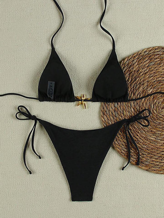 White women's bikini with triangle top and tie-side bottom, featuring a gold starfish charm on the center front. - Image 24