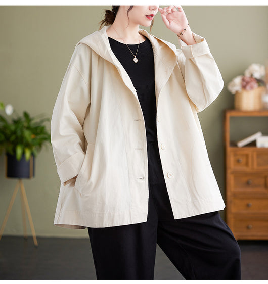 Abrigo Suelto con Capucha Mujer Retro Khaki Algodón Casual Costura Artística - Image 10