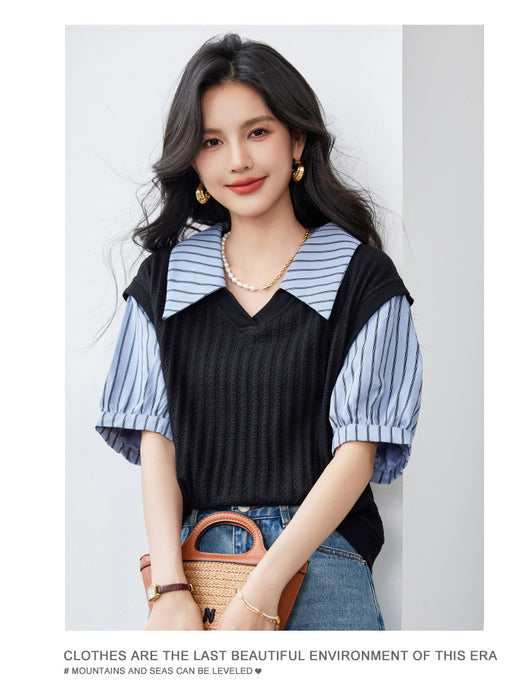 Blusa Esbeltecedora de Dos Piezas con Rayas y Mangas Puff - Image 22