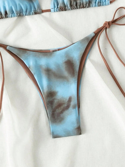 Women's two-piece bikini swimsuit with blue and neon yellow tie-dye pattern, featuring a triangle top and tie-side bottom. - Image 20