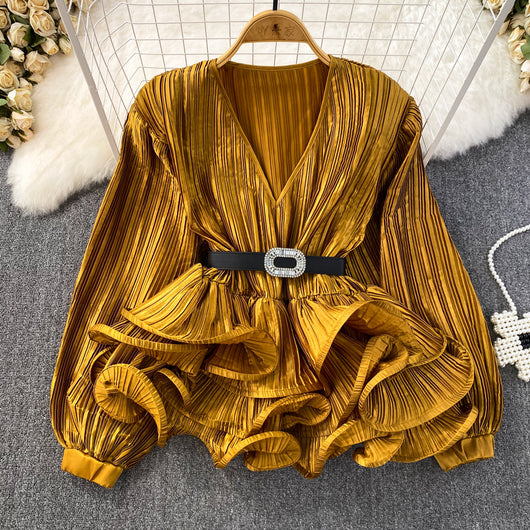 Blusa Suelta con Cuello V, Mangas Largas y Volantes en Bajo - Image 11