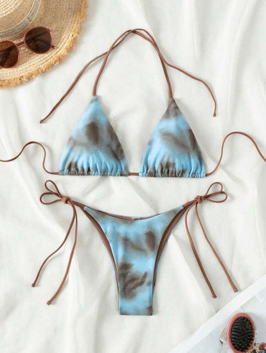 Women's two-piece bikini swimsuit with blue and neon yellow tie-dye pattern, featuring a triangle top and tie-side bottom. - Image 18