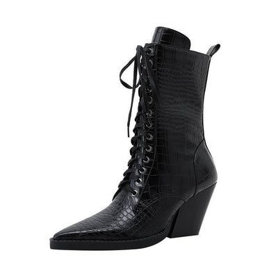 Botas Tacón Grueso Retro con Patrón de Piedra y Cordones - Estilo Fashion - Image 16