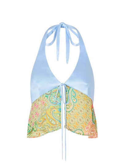 Halterneck two-piece swimsuit with a vibrant paisley print in blue, green, orange, and pink, featuring light blue straps. - Image 16
