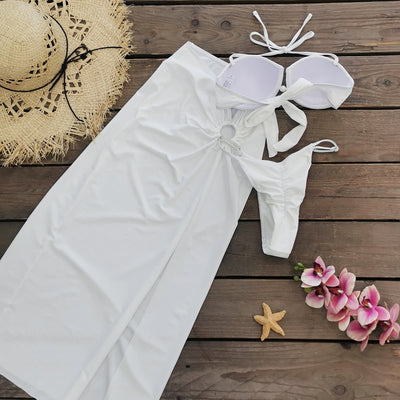 Traje de Baño Tres Piezas con Falda y Top Escotado Liso - Image 16