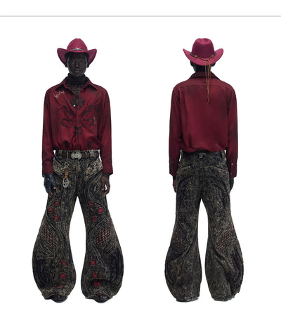 Camisa de Terciopelo Satinado Rojo Vino con Patrón Totem - Image 15