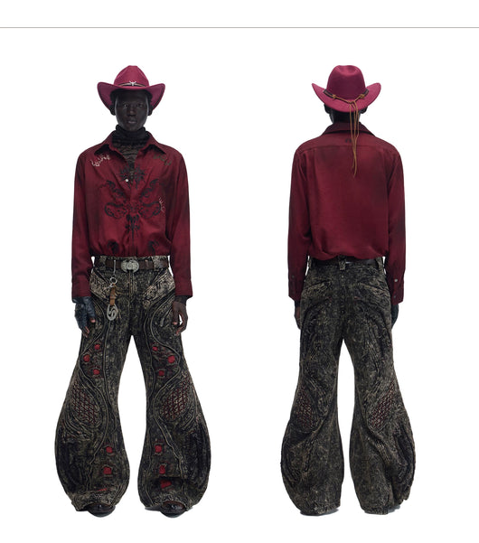 Camisa de Terciopelo Satinado Rojo Vino con Patrón Totem - Image 15