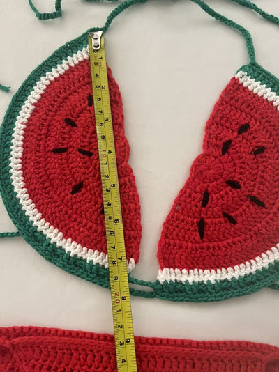 Handmade crocheted bikini with watermelon slice top in red, green, and white, and solid red tie-side bottoms. - Image 11