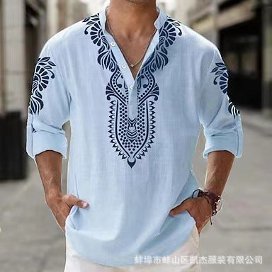 Camisa Casual de Playa con Cuello Mao Manga Larga para Hombre - Image 7