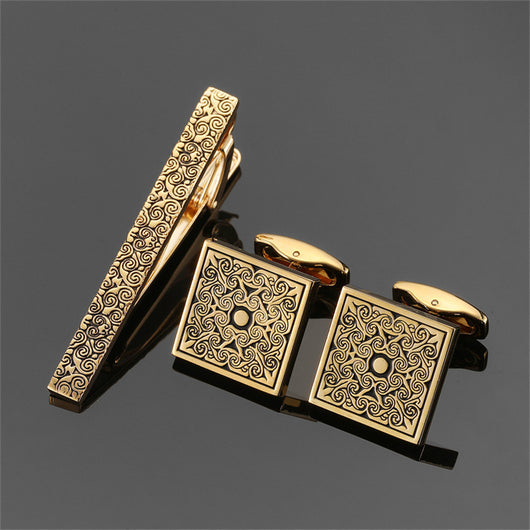 Juego de Clips de Corbata y Gemelos con Cristales Negros y Patrón Floral Esmaltado en Oro y Plata - Image 48