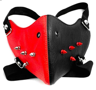 Black leather half-face mask with brass chains, spikes, and gear accents, featuring adjustable elastic straps. - Image 30