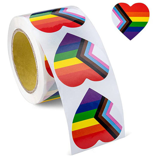 Roll of heart-shaped stickers featuring the Progress Pride flag design with rainbow and chevron stripes. - Image 19