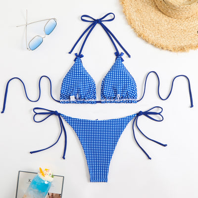 Blue and white gingham plaid bikini swimsuit with triangle top and thong bottom, featuring white tie straps and bows. - Image 16