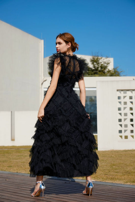Vestido Elegante sin Mangas con Cuello Tortuga y Falda Tableada Bordada - Image 61