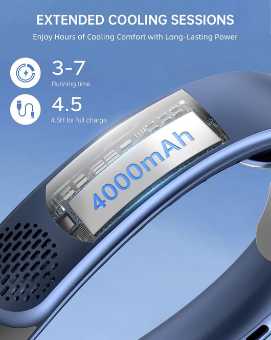 Dark blue U-shaped neck fan with air vents, small fan grilles, and a rose gold accent ring. - Image 34