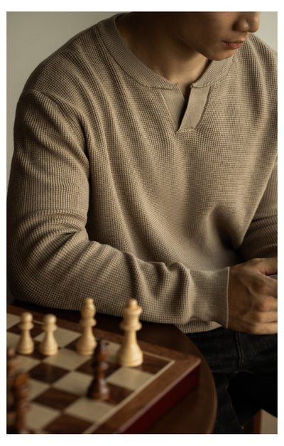 Suéter Henley Casual de Cuello V y Manga Larga para Hombre - Image 27