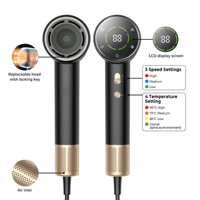 Black and gold high-power hair dryer with digital display, concentrator, and diffuser nozzles. - Image 23