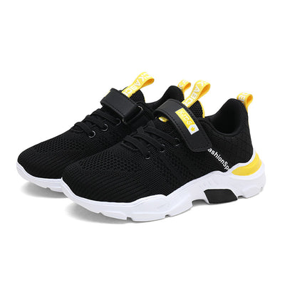 Boy's black and blue sports shoes with orange accents, mesh upper, white sole, blue laces, and a Velcro strap. - Image 32