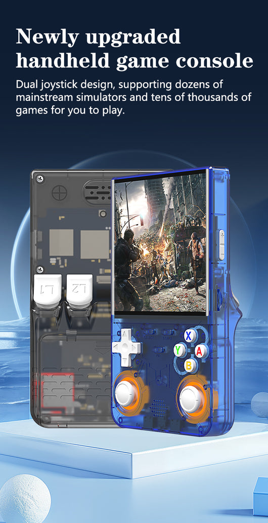 White handheld game console with a 4-inch HD screen, dual joysticks, and various buttons, shown with blue, black, and purple variants. - Image 32
