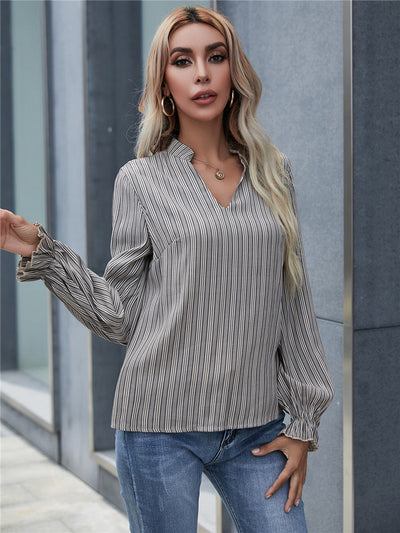 Blusa Rayada de Cuello V Suelta para Mujer - Diseño Original de Manga Larga - Image 12