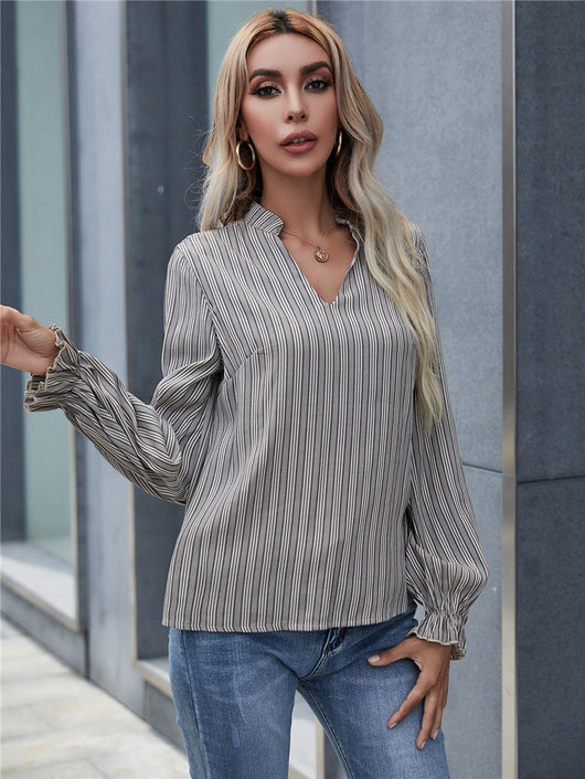 Blusa Rayada de Cuello V Suelta para Mujer - Diseño Original de Manga Larga - Image 12