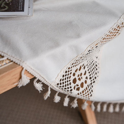 Beige crochet and plaid stitching short curtain with tassels, made from polyester cotton, hanging in a cozy room. - Image 37